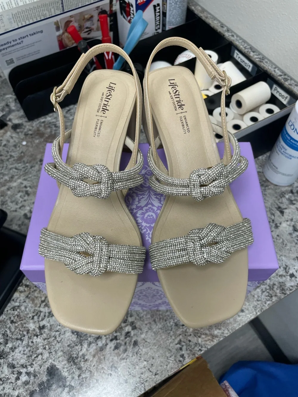 Life Stride Beige Slingback Sandals with Silver Beaded Knots